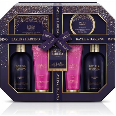 Baylis & Harding Mulberry Fizz - Tray dámská sada s péčí o tělo Mycí gel 300 ml + Koupelové mléko 300 ml + Mýdlo 150 g + Sprchový krém 130 ml + Mléko na ruce a tělo 130 ml + Sůl do koupele 100 g – Hledejceny.cz