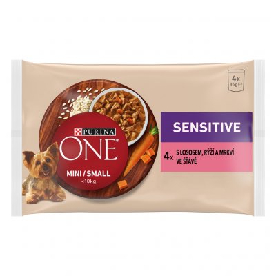 Purina one Adult Mini Sensitive Losos ve šťávě 4 x 85 g – Sleviste.cz
