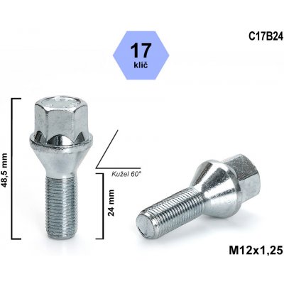 Kolový šroub M12x1,25x24 kužel, klíč 17, C17B24, výška 48,5 mm – Zbozi.Blesk.cz