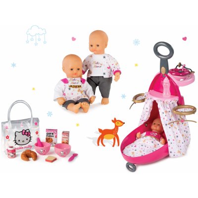 Smoby Prebaľovací vozík pre bábiku Baby Nurse s postieľkou+bábika+raňajkový set Hello Kitty v taštičke 220316-6