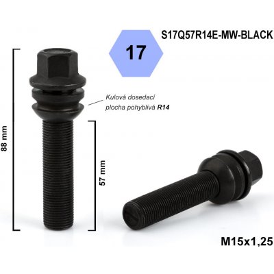 Kolový šroub M15x1,25x57 kulový R14, pohyblivá plocha, klíč 17, S17Q57R14E-MW-BLACK, černý, výška 88 mm – Zboží Mobilmania