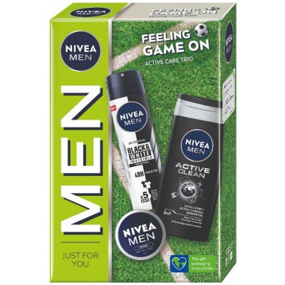 Nivea Men Feeling Game On sada sprchový gel Men Active Clean 250 ml + antiperspirant Men Black & White Invisible Original 150 ml + univerzální krém Men Creme 30 ml pro muže – Zboží Mobilmania