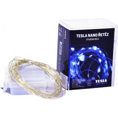 Tesla nano řetěz 50LED 6500K 5m + 30cm kabel 3x AA baterie časovač IP44 – Zbozi.Blesk.cz