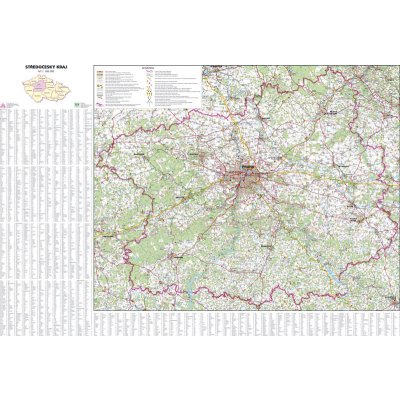 Středočeský kraj - nástěnná mapa 113 x 83 cm, lamino + stříbrný hliníkový rám – Zboží Mobilmania