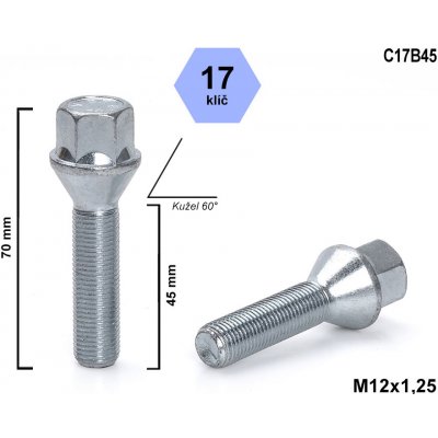 Kolový šroub M12x1,25x45 kužel, klíč 17, C17B45, výška 70mm – Zboží Mobilmania