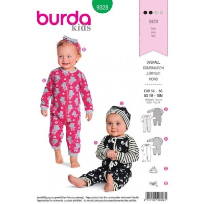 Burda Střih Burda 9328 - Dětský overal na zip, čepice, čelenka