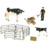 Figurka Zoolandia Strakatá kráva s telátkem a doplňky Sedlák s vidlemi