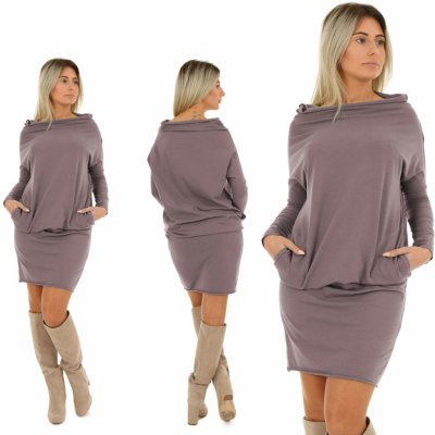 Fashionweek Pohodlné teplákové šaty s kapsami volný výstřih MF914 fialový vřes – Zboží Dáma