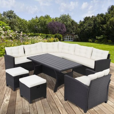 FurniGO Ratanová sestava Sedan II. černá/krémové podušky – Sleviste.cz