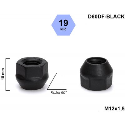 Kolová matice M12x1,5 kužel otevřená, černá, klíč 19, D60DF-BLACK, FORD, VOLVO výška 18 – Zbozi.Blesk.cz