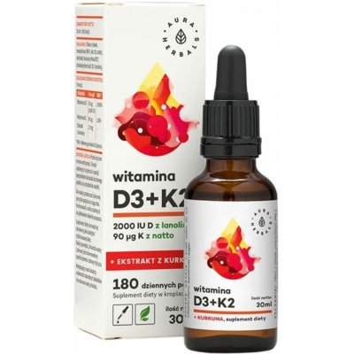 Aura Herbals Kapky s vitamínem D3 2000 IU + K2 + extrakt z kurkumy 30 ml – Hledejceny.cz