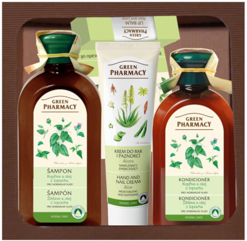 Green Pharmacy Herbal Care čisticí šampon pro normální vlasy 350 ml + čisticí kondicionér pro normální vlasy 300 ml + krém na ruce s aloe vera 100 ml + balzám na rty 3,6 g dárková 