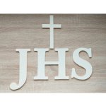 LYMFY | Dřevěný křesťanský nápis - JHS a křížek šířka 42cm | přírodní dřevo – Hledejceny.cz