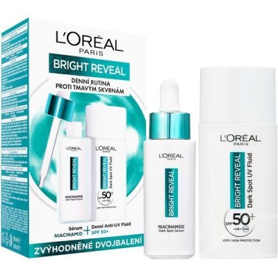L´Oréal Paris Bright Reveal Dark Spot UV Fluid SPF50+ denní pleťový fluid Bright Reveal Dark Spot UV Fluid SPF50 50 ml + pleťové sérum Bright Reveal Niacinamide Dark Spot Serum 30 ml pro ženy – Zbozi.Blesk.cz