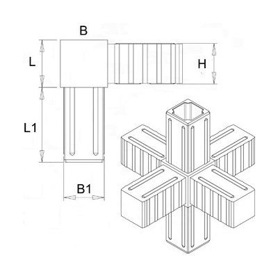 Plastová spojka - 6-nohý kus vhodný do profilu veľkosti 20x20x1.5 mm