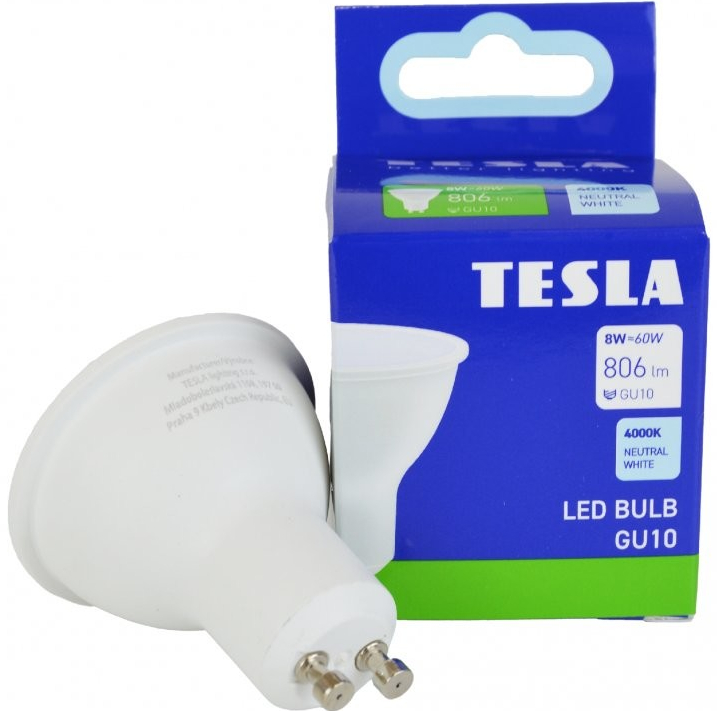 TESLA lighting Tesla LED žárovka GU10, 8W, 230V, 806lm, 25 000h, 4000K denní bílá, 100st