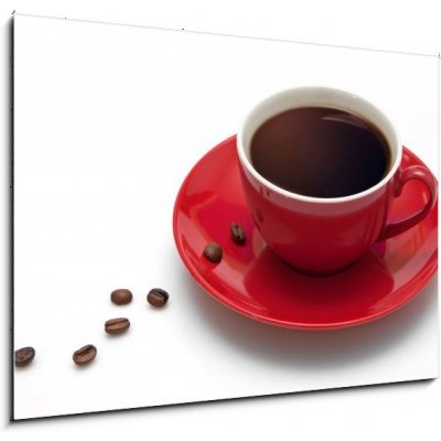Obraz 1D - 100 x 70 cm - Red coffee cup and grain on white background Červená šálek kávy a zrna na bílém pozadí