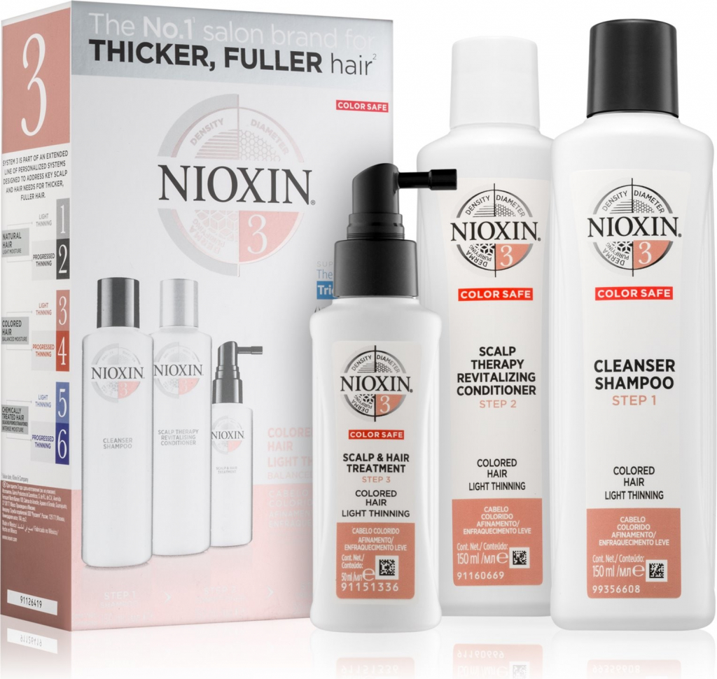 Nioxin System 3 Color Safe šampon 300 ml + revitalizér pokožky 300 ml + Kúra na mírně řídnoucí vlasy 100 ml dárková sada