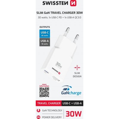 Swissten tenký síťový adaptér GaN USB-C + USB-A 30w bílý – Sleviste.cz