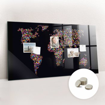 tulup Magnetická Tabule na Zeď Skleněná - Memo Board Kleněnou Přední Stranou - 5 magnetů v balení - 120 x 60 cm - Mapa světa z teček