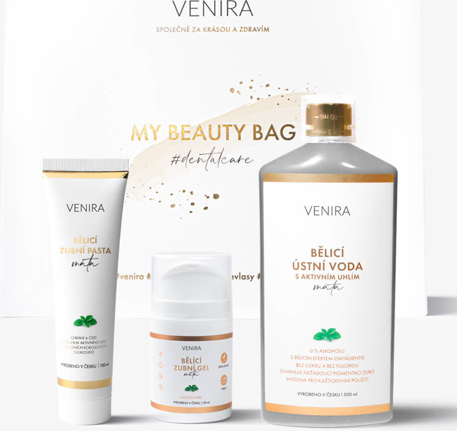 Venira Beauty Bag bělicí zubní gel 50 ml + bělicí zubní pasta 100 ml + bělicí ústní voda 500 ml