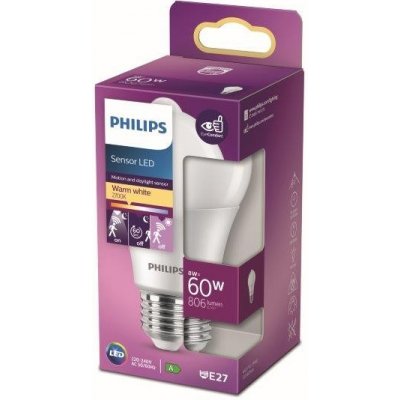 Philips 8718699782733 LED žárovka 1x8W E27 806lm 2700K teplá bílá, se senzorem, matná bílá, Eyecomfort – Zboží Mobilmania