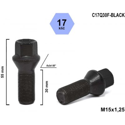 Kolový šroub M15x1,25x30 kužel, klíč 17, C17Q30F-BLACK, černý, výška 55 mm – Zbozi.Blesk.cz