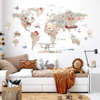 Inspio Dětské samolepky na zeď - Hnědá mapa světa pro malé dobrodruhy Celkový rozměr mapy je 127 × 198 cm – Sleviste.cz