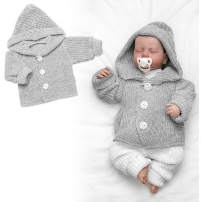 Baby Nellys Pletený svetřík s kapucí a knoflíčky Made with Love šedý – Zboží Dáma