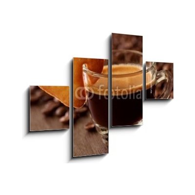 Obraz 4D čtyřdílný - 120 x 90 cm - Espresso coffee with cake on brown background Espresso káva s koláčem na hnědém pozadí – Zboží Mobilmania