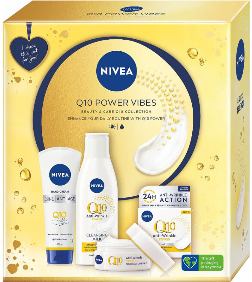 Nivea Q10 Power Vibes sada denní pleťový krém Q10 Anti-Wrinkle Power 50 ml + čístící pleťové mléko Q10 Anti-Wrinkle Power 200 ml + krém na ruce Q10 Hand Cream 100 ml