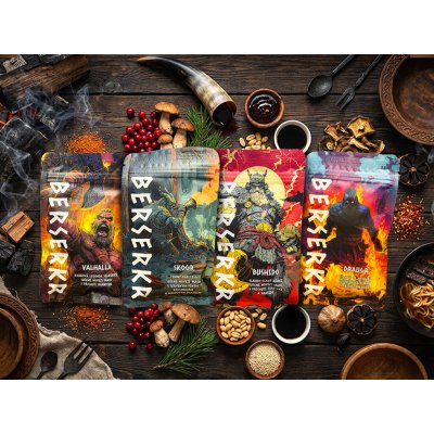Berserkr hovězí jerky Hostina válečníků BBQ, Víno a brusinky, Arašídy s Teriyaki, Rámen 4 x 25 g – Hledejceny.cz