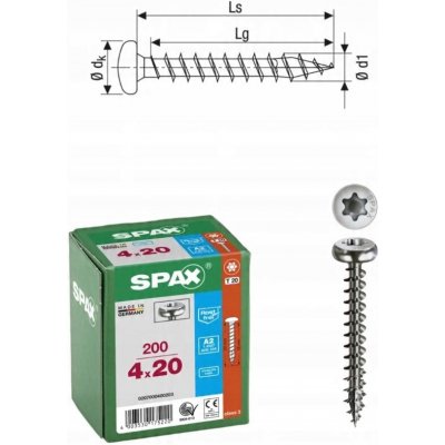 SPAX půlkulatá hlava 4.0x 20 plný závit TX20 nerez.ocel A2, s certifikátem (200 ks) – Hledejceny.cz