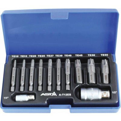 ASTA A-T12ES, Sada bitů pro vytahování poškozených TORX šroubů | CrV ocel, adaptéry 1/4" a 1/2"--- – Sleviste.cz