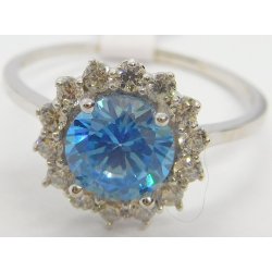 Klenoty Budín Mohutný zásnubní zlatý prsten z bílého zlata se zirkony a modrým topazem H280
