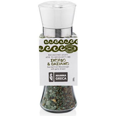 Mamma Greca hrubá mořská sůl Messolonghi s česnekem a bazalkou v mlýnku 200 g – Hledejceny.cz