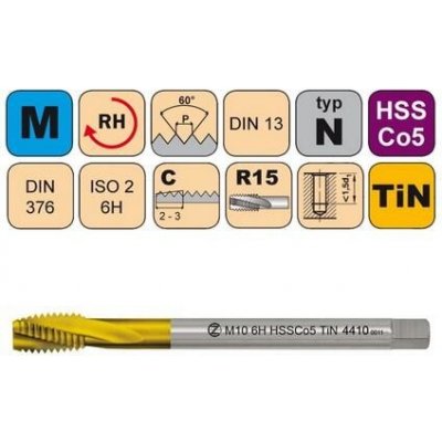 NÁSTROJE CZ Závitník strojní M12x1,75 ISO2 HSSCo5 TiN DIN 376 RSP15 - 4410 - CZZ4410-M12-ISO2 – Zboží Mobilmania