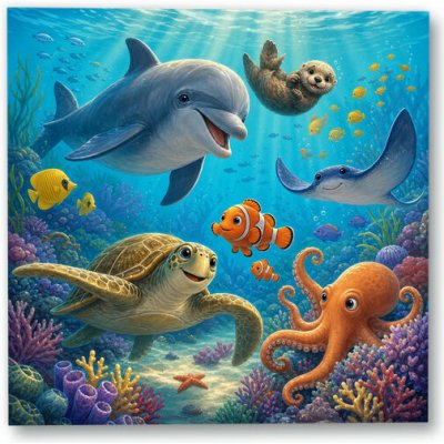 Plakát – Veselí podmořští kamarádi mezi korály Bez rámu Ano Bez rámu 50 × 50 cm – Hledejceny.cz
