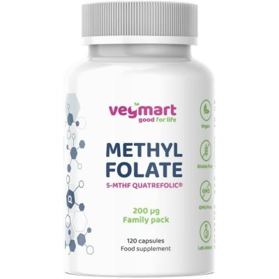 Vegmart Metylfolát 5-MTHF Quatrefolic 200 µg Family pack 120 kapslí – Hledejceny.cz