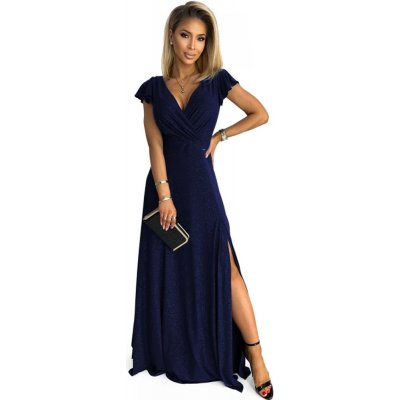 Numoco 411-9 CRYSTAL třpytivé dlouhé šaty s výstřihem tmavě modré