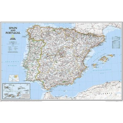 National Geographic Španělsko, Portugalsko - nástěnná mapa Classic 85 x 55 cm Varianta: bez rámu v tubusu, Provedení: laminovaná mapa v lištách