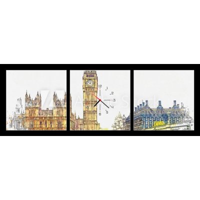 Obraz s hodinami 3D třídílný - 150 x 50 cm - Watercolor sketch or illustration of a beautiful view of the Big Ben and the Houses of Parliament in London in the UK Akvare – Zboží Mobilmania