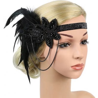 B-TOP Vintage elegantní černá čelenka do vlasů s květinovou ozdobou a dvěma řetízky – Zboží Dáma