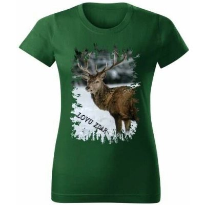 Moon River Lovu Zdar jelen v zimě dámské tričko pro myslivce lahvově zelené – Zboží Dáma