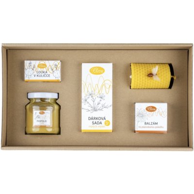 Pleva Pozdrav od včel Propolis v medu 250 g, Mýdla s včelími produkty 3 x 20 g, Balzám na popraskanou pokožku 30 g, semínkové kuličky Louka v kuličce 1 balení6 ks, Svíčka ze včelího výška 6,7 – Zboží Dáma