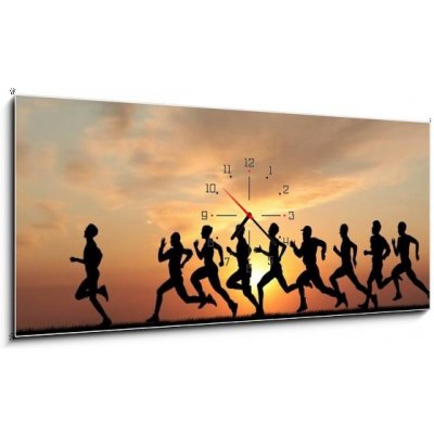 Obraz s hodinami 1D - 120 x 50 cm - Marathon, black silhouettes of runners on the sunset Maraton, černé siluety běžců na západ slunce