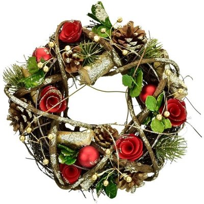 Dommio Věnec s červenými kvítky a šiškami Ø25 cm – Zboží Dáma