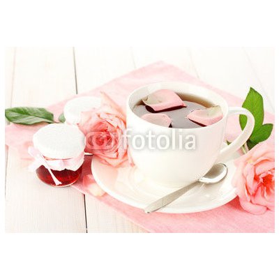 WEBLUX 45499429 Fototapeta plátno cup of tea with roses and jam on white wooden table šálek čaje s růží a džemem na bílém dřevěném stole rozměry 174 x 120 cm – Zboží Mobilmania