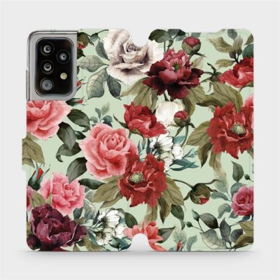 Pouzdro Mobiwear flip Samsung Galaxy A52 5G / A52s 5G - MD06P Růže a květy na světle zeleném pozadí – Zboží Mobilmania
