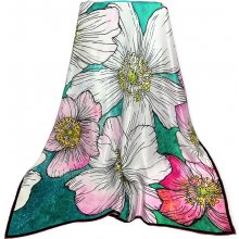 luxusní šátek na krk z pravého hedvábí zelený s velkými růžovými květy